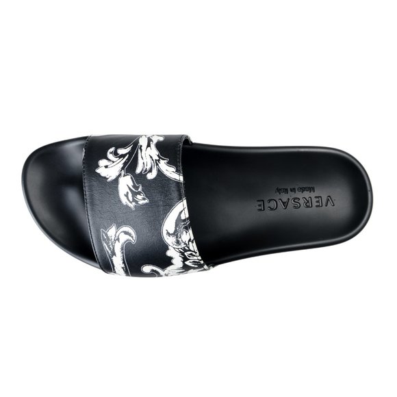 Versace Black Floral Leather Slides Flip Flops